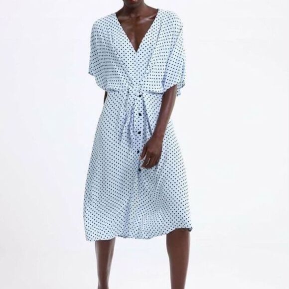 Zara Dresses & Skirts - Vintage Zara Women's S Blue Polka Dot V-Neck Wrap Midi Dress Casual